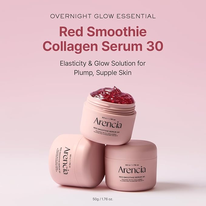 Arencia Overnight Red Smoothie Face Serum, Glowing & Soothing with 30% red collagen, Niacinamide, Peptide, Vitamin E