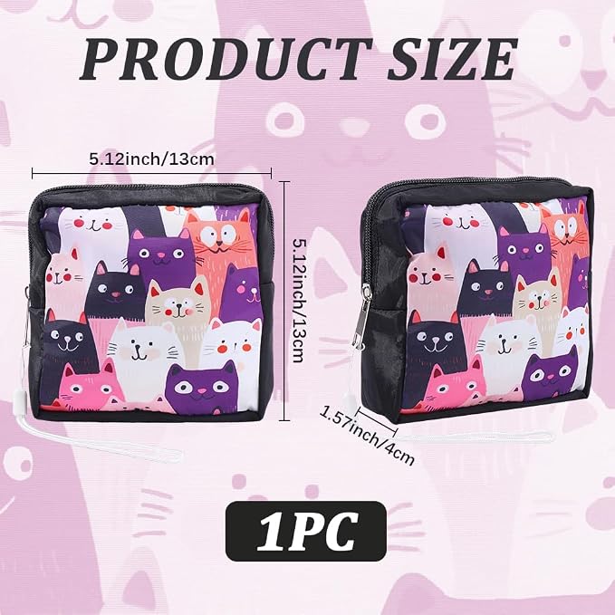 Cat Period Bag Sanitary Napkin Storage Bag Cute Cats Print Sanitary Pad Pouch Portable Waterproof Feminine Product Travel Storage Organizer First Period Gifts for Women Ladies Daily Use