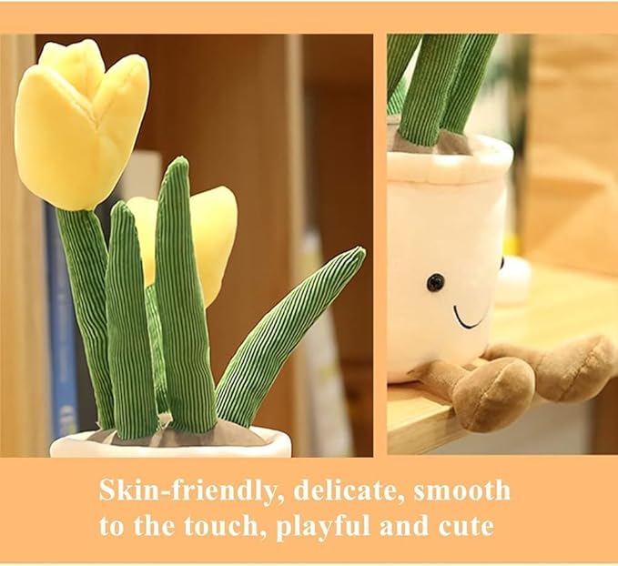 Smiling Tulip Plush Pot – Kawaii Plant Stuffed Toy for Girls, Cute Room Decor Pillow for Kids, Aesthetic Flower Plushie Gift, Soft Botanical Plush Toy for Bed, Desk or Nursery (Yellow)