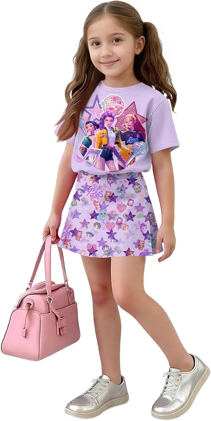 HTHLVMD K Pop Short Sleeve T-Shirt and Skirts Outfits Set for Girls Hunters Rumi Mira Zoey Graphic Tees De-Mon Costume