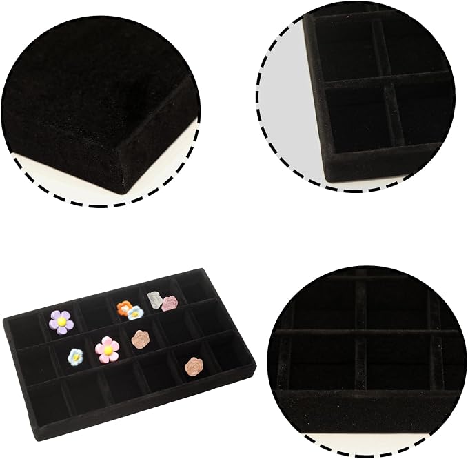 Velvet Jewelry Organizer Tray, Black 18 Grids | Stackable Jewelry Storage Display Tray with Removable Dividers for Drawer Dresser Cloest Organizer