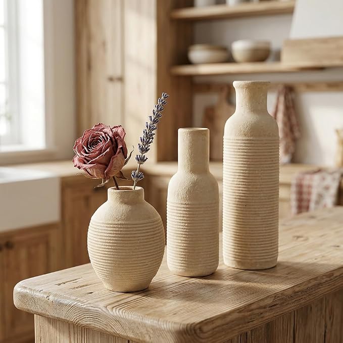 Rustic Farmhouse Vase Set of 3 - Ceramic Decorative Vases Home Decor - Pampas Grass Dried Fresh Flowers - for Centerpiece, Table, Mantel Entryway, Kitchen, Bedroom (White2)