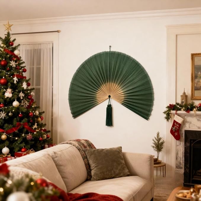 ChumDecor Bamboo Fan Wall Decor,Japanese Chinese Wall Fans,Large Bamboo Fan Wall Art for Boho Hanging Headboard, Decorative Folding Fans (Dark Moss Green 60inch)