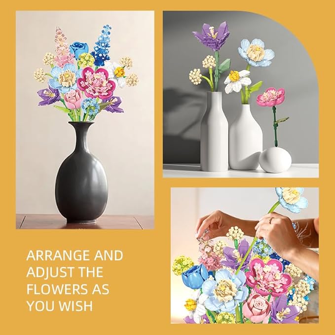865pcs Flower Building Set, DIY Building Block Flower Bouquet, Beautiful Ornaments, Creates a Cozy Atmosphere with Colorful Artificial Bouquet