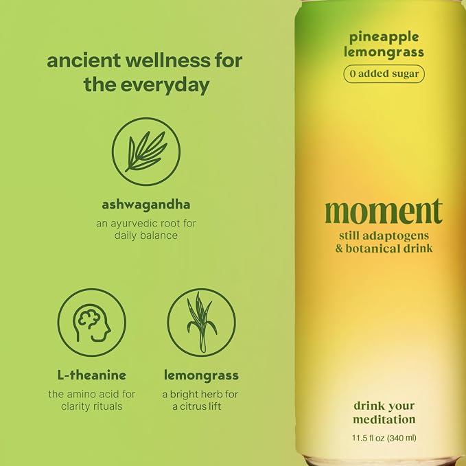 Moment Adaptogen Drink (Shark Tank) - Non Carbonated Botanical Tea - Calm, Clarity & Relaxation with L-Theanine & Ashwagandha - Non Alcoholic Drinks - 0 Sugar 0 Caffeine - 12 Pack 11.5 fl oz
