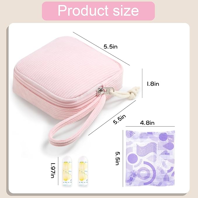 Corduroy Period Pouch for Women, Cute Sanitary Pad Pouch with Zipper, Portable Tampon Holder for Purse, Sanitary Napkin Storage Bag for Travel (BB Pink)