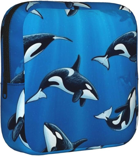 Portable Menstrual Organizer Bag Killer Whales Orcas Ocean Sea Animals, Polyester Feminine Product Pouch, Compact for Purse Outdoor Travel Gifts