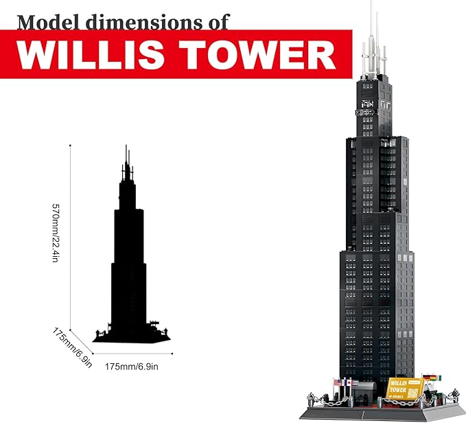 Willis Tower Chicago Architecture Model Building Block Sets,World Famous Landmark Series Toys Gitf for Kids Adults 1241 Pieces