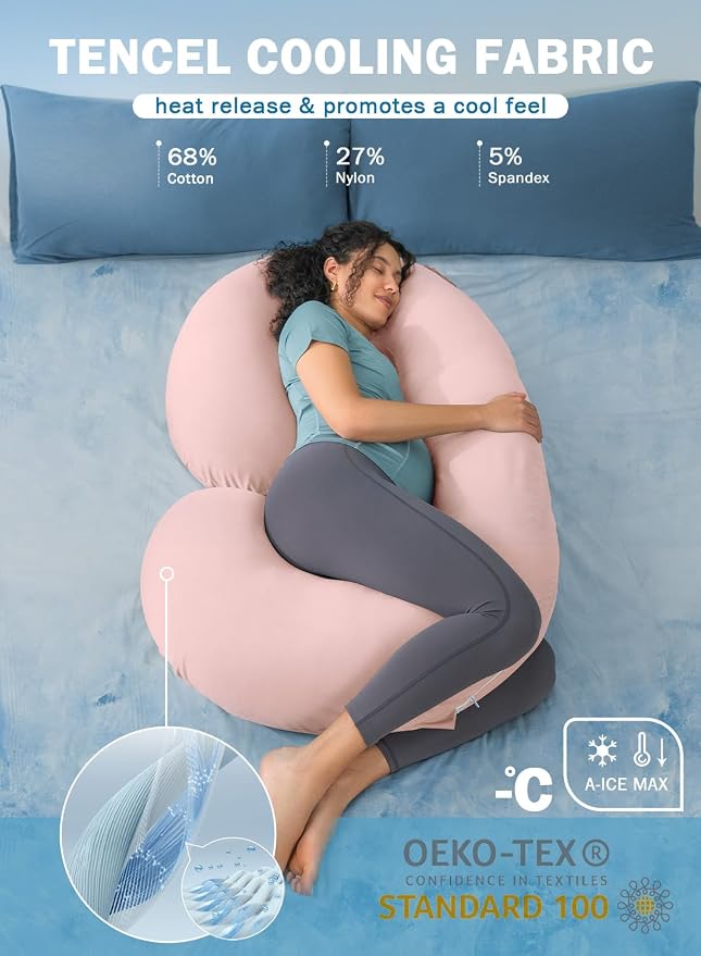 INSEN Cooling Pregnancy Pillow, Maternity Pillow with Soft Cotton Cover,C Shaped Pregnant Women and Side Sleeping, Bright Pink