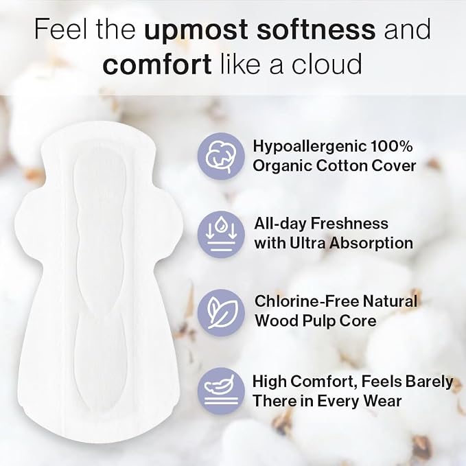 SANDIS Feminine Pad for Women - Large 24 Count 100% Organic Cotton Ultra Thin with Wings for Periods Menstrual Pads Sanitary Napkins Super Absorbency Leak Protection