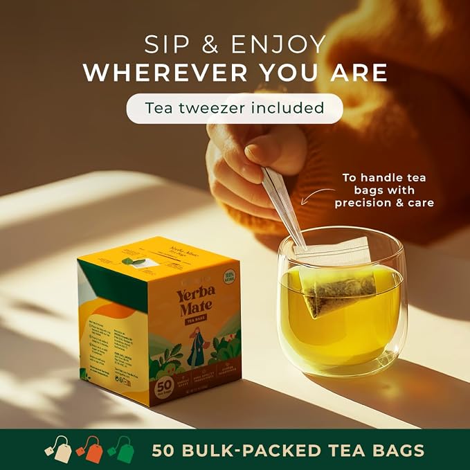 Gya Tea Co Yerba Mate Tea Bags (50 Bags) - Caffeinated with a Smooth Flavor for Workday - Recharge Yourself with Every Sip - Fruit & Herbal Blends