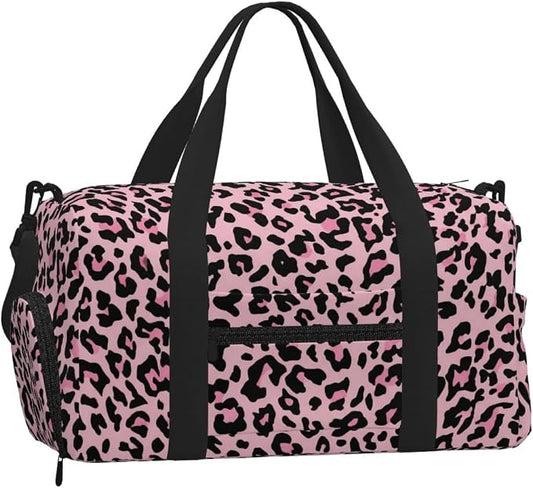 Fiokroo Sports Gym Bag Leopard Print Pink Travel Duffel Bag For Men Women With Shoe Compartment Water Resistant Gym Bag Carry On Duffel Bag For Weekend Traveling Yoga Gym Sports