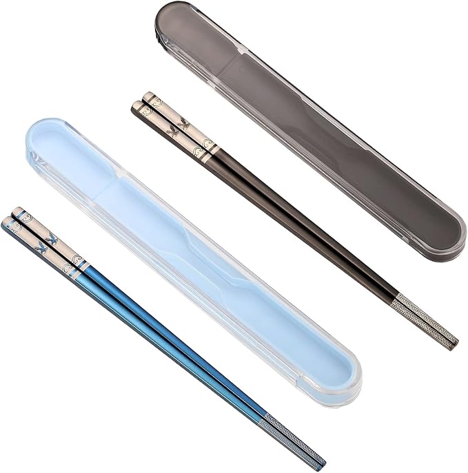 Travel Chopsticks with Case, Black Blue Eagle, 2 Pairs | Metal Stainless Steel, Titanium Plated, Reusable & Dishwasher Safe, For School, Home, Office, Outdoor, Bento Box Use