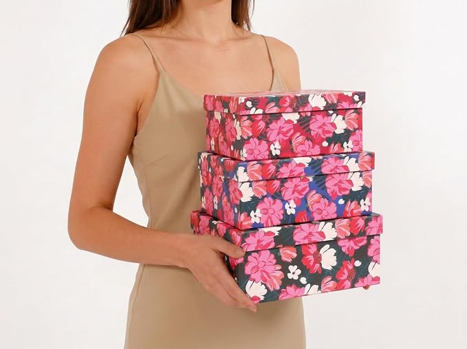3-Piece Decorative Storage Boxes with Lids, Vibrant Pink and White Flower, Paperboard Keepsake box Set, Photo Storage Box for Memory, Home Decor, Knick-knacks Organizer, Shelf Decor