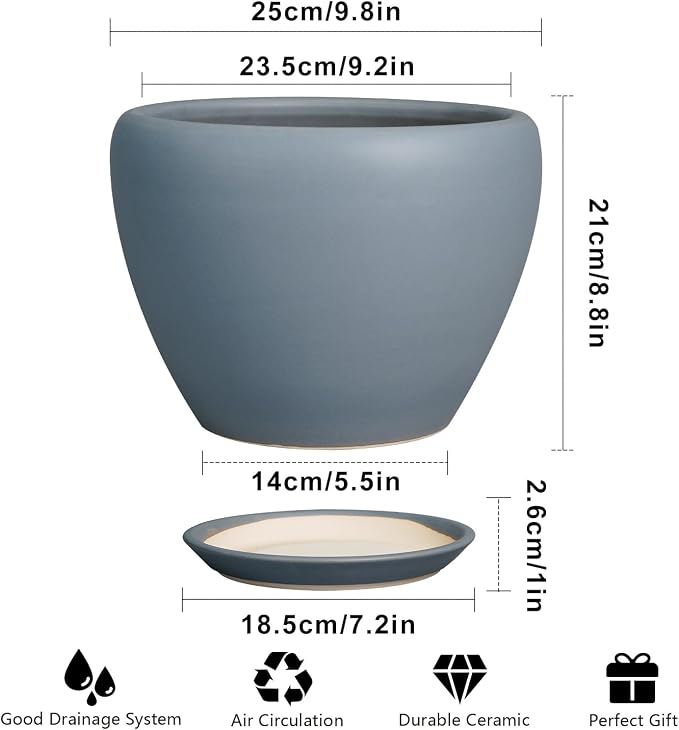 Ceramicfor 10 Inch Plant Pot - Ceramic Planter for Indoor Plants Large Plant Pot with Drainage Hole and Saucer Round Outdoor Planter Modern Flower Pot for Home Decor Gray