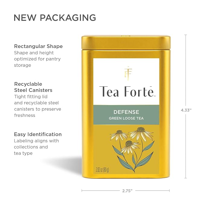 Tea Forte Defense Premium Loose Leaf Caffeinated Green Tea Blend Canister, Makes 35-50 Cups
