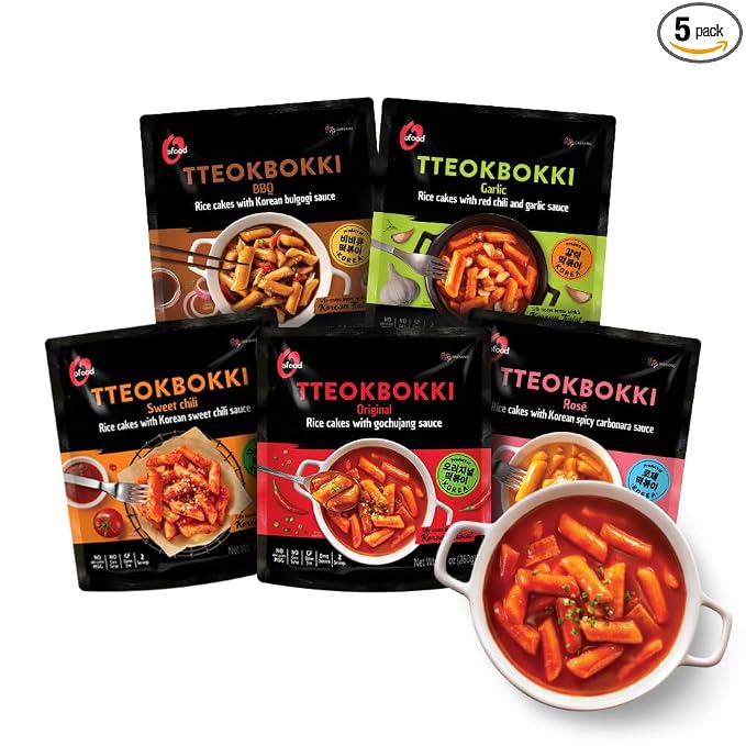 O’food Tteokbokki Variety Pack, Pack of 5, Instant Korean Rice Cakes, Authentic Spicy Street Food, Ready to Eat, No MSG, No Corn Syrup