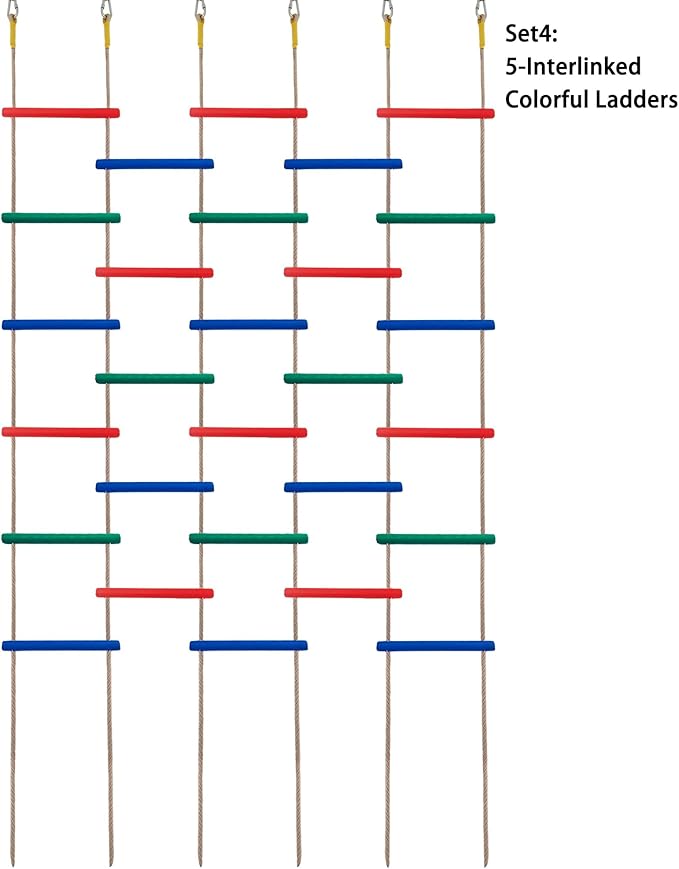 Innovative Rainbow Kids' Wooden Rope Ladder - 3/4/5-Group Connectivity, 14-Inch Wide, Ideal Ninja Warrior Accessory for Tree, Swing & Play (Set4: 5-Interlinked Colorful Ladders)