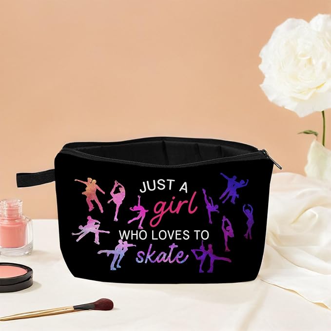 Just Loves To Skate Makeup Cosmetic Case Skate Lovers Make up Zipper Pouch Figure Skating Gift Ice Skating Coach Gift for Women Skater Birthday Gift Travel Toiletry Bag Figure Skating
