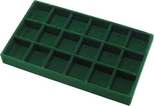 Velvet Jewelry Organizer Trays Dark Green 18 Grids | Stackable Jewelry Storage Holder Display Tray with Removable Dividers for Drawers