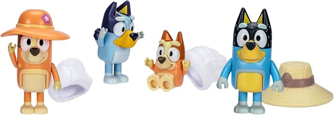 Bluey Figure 4-Packs, Family Trip, 2.5 Inch Poseable, Bingo, Bandit and Chilli, with Accessories, Kids Can Recreate Their Favorite Moments