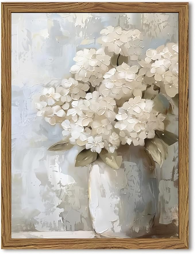 Framed Vintage Canvas Wall Art, White Hydrangea Floral Wall Decor Paintings, Flower Pictures Prints Aesthetic Home Decor for Living Room Bedroom Bathroom Office 8x10 inch