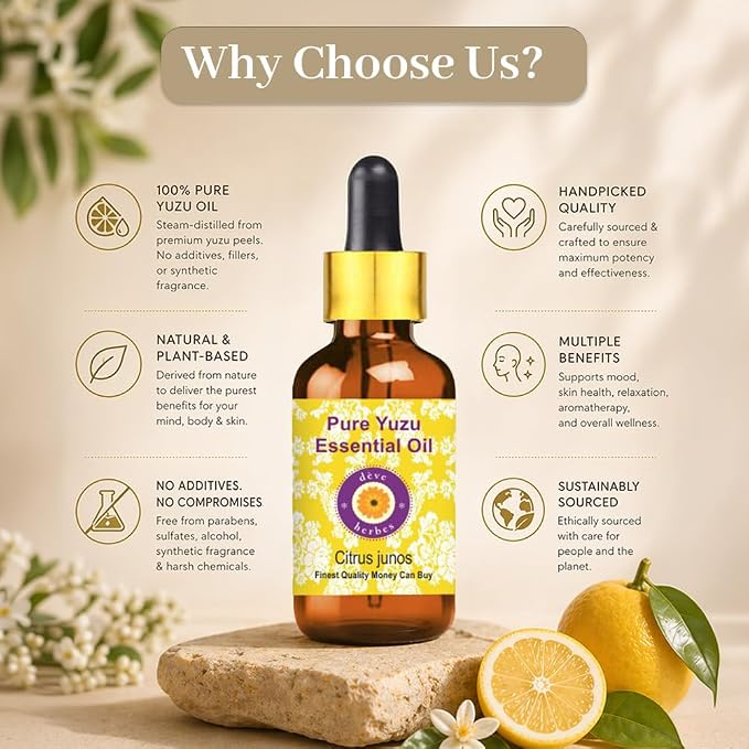 Deve Herbes Pure Yuzu Oil (Citrus Junos) with Glass Dropper Cold Pressed 5ml (0.16 oz)