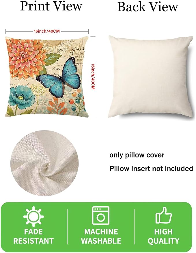 wyooxoo Spring Summer Pillow Covers 16x16 Set of 4 Farmhouse Throw Pillow Covers Linen Flower Butterfly Decorative Pillowcases for Sofa Couch Living Room Outdoor