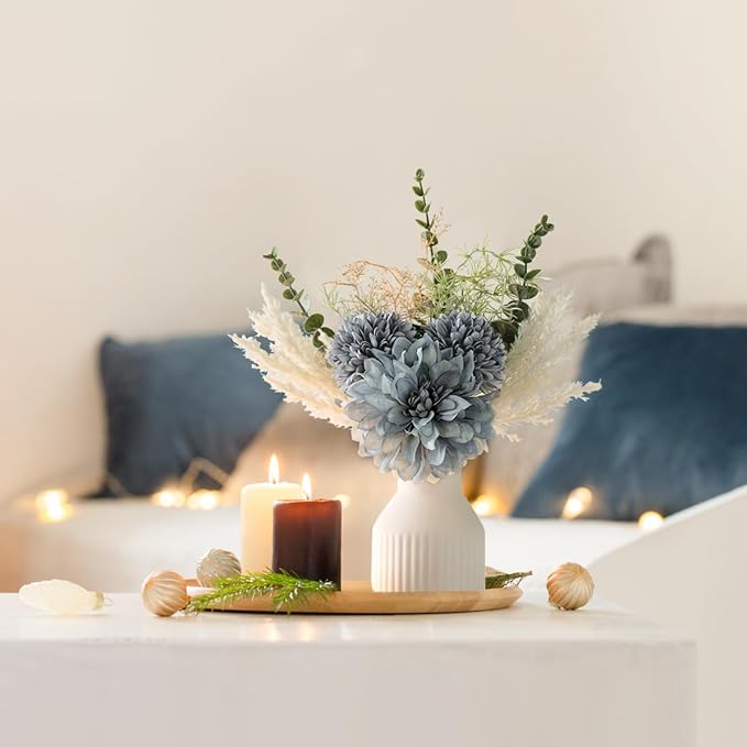Mkono Fake Flowers in Ceramic Vase, 12.5" Coffee Table Centerpieces, Blue | Table Decor with vase, Small Silk Faux Artificial Flower Arrangements, Fits Bathroom Dining Room Kitchen Home Indoor Decor