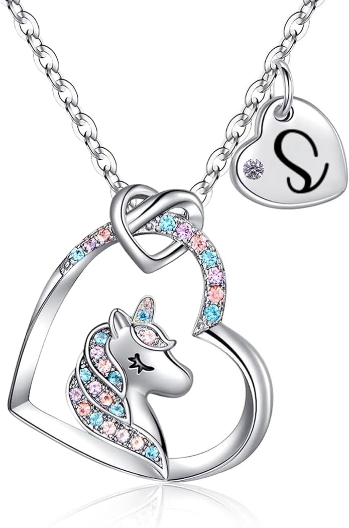 Valentines Day Gifts for Kids Girls - Unicorn Necklace for Girls with Initial Heart Pendant & Gift Box, 18K Gold Fashion Kids Jewelry, Colorful Heart Necklace for Birthdays & Costume Parties.