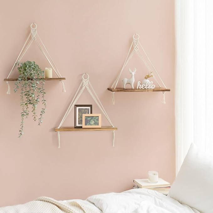 Mkono Macrame Hanging Shelves Boho Wall Decor Set of 3 Floating Wood Shelf | Cute Room Decor for Teen Girls Display Storage Shelves for Hanging Plant Photos Fit Bedroom Bathroom Living Room Nursery Dorm