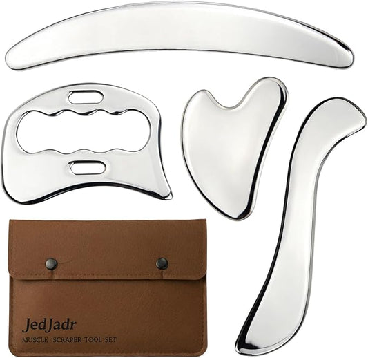 4 in 1 Stainless Steel Massage Scraper Tool Set for Deep Tissue Relief, IASTM Tool and Gua Sha Massage Tools for Muscle Recovery, Physical Therapy Scraping Tool with Facial Gua Sha