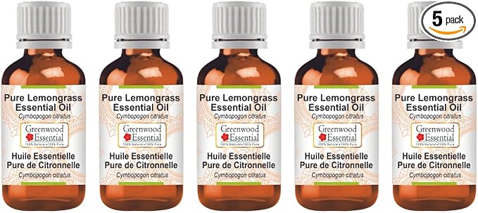 Greenwood Essential Pure Lemongrass Essential Oil (Cymbopogon citratus) Steam Distilled (Pack of Five) 100ml X 5(16.9 oz)