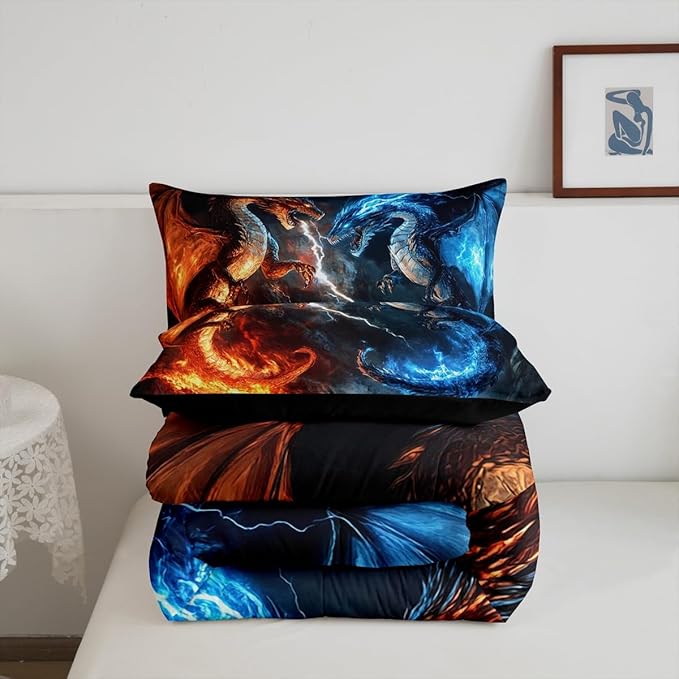Feelyou Dragon Comforter Set Queen Size Dragon Stuff Comforter for Boys Girls Teens Wild Life Bedding Set Thunder and Lightning Duvet Set Room Decor Blue Orange Quilt Set