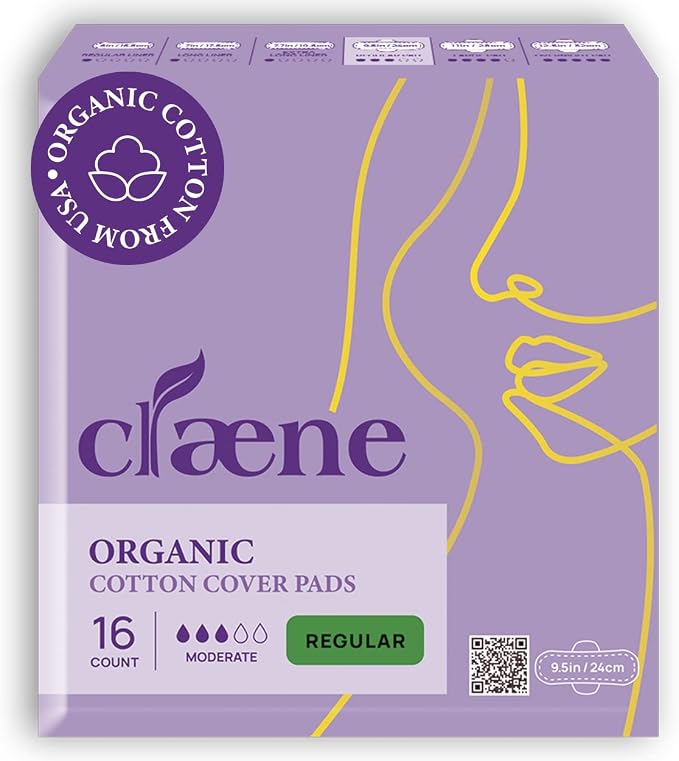 Claene Organic Cotton Cover Pads, Menstrual Regular Pads for women, Unscented, Breathable, Natural Sanitary Napkins with Wings (16Pads)