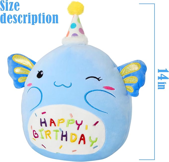 14“ Birthday Axolotl Plush Pillow,Blue Axolotl Stuffed Animal Soft Plush Toy,Cute Plushie Doll Gifts for Kids & Birthday Party Decor