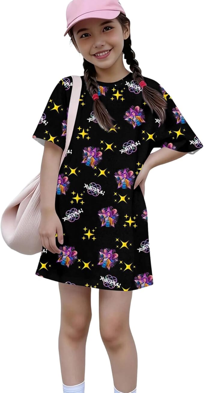 Girl's Anime K-POP Graphic Long Dress T-Shirt - Casual Loose Fit Short Sleeve Top