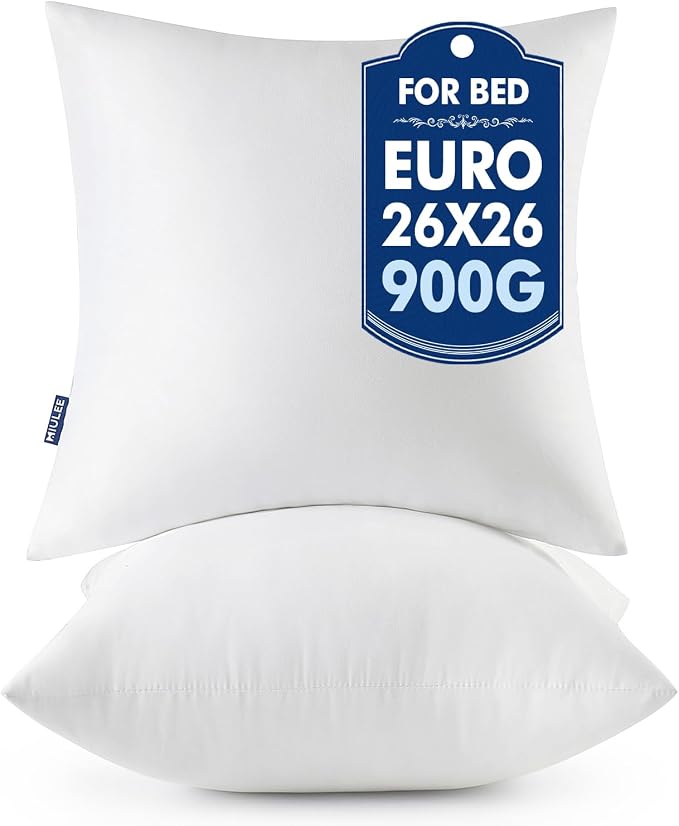 MIULEE 26x26 Euro Pillow Inserts 2 Pack, Throw Pillows for Couch Bed | 100% Virgin Filling, Decorative Pillows, Full and Fluffy, Lumbar, Back and Neck Support