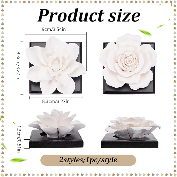 INFUNLY 2PCS White Rose Essential Oil Diffuser Stone Mini Ceramic Aromatherapy Diffusers 3.3x3.3 Inches Scent Air Ornament Kit Essential Oil Passive Flower Diffuser for Gifts Room Office Car Decor