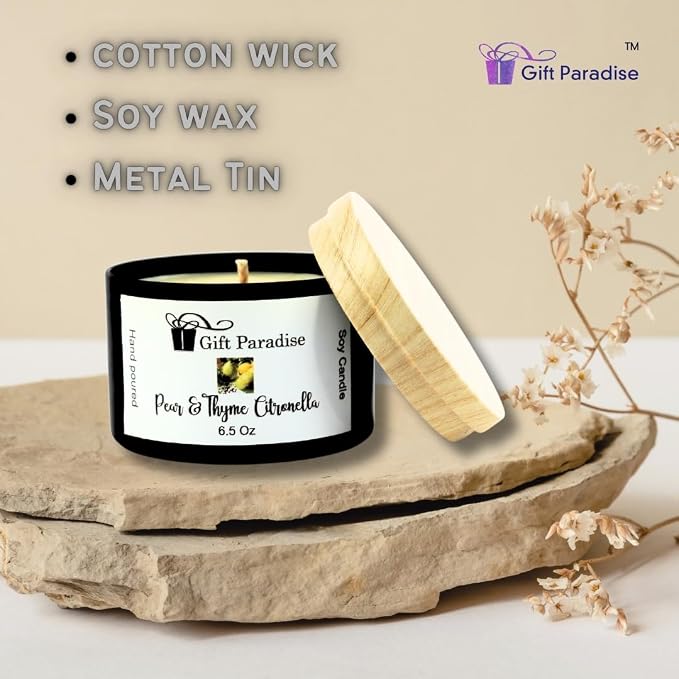 Pear and Thyme Citronella, Soy Wax Candle, Black Metal Tin, 6.5 oz, Cotton Wick