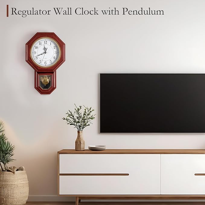 Pendulum Wall Clock,Imitation Wood Plastic Regulator Wall Clocks,Red | Battery Operated,Non-Ticking,Retro Wall Decor Gift,Easy to Read,For Living Room,Dining Room,Schoolhouse,Farmhouse