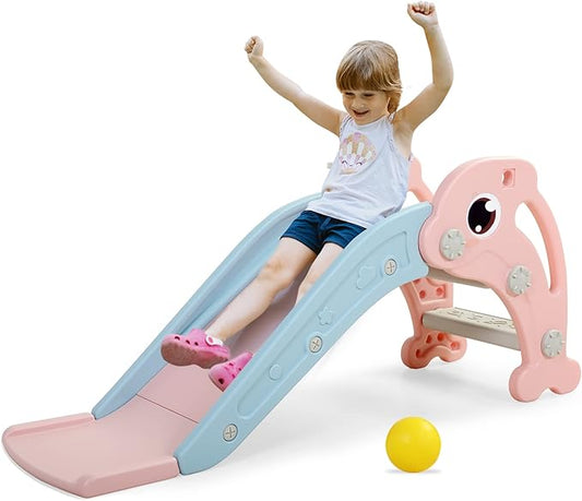 NYEEKOY 3 in 1 Toddler Slide, Baby Slide Climber Playset with Basketball Hoop and Ball, Indoor and Outdoor Playground for Kids