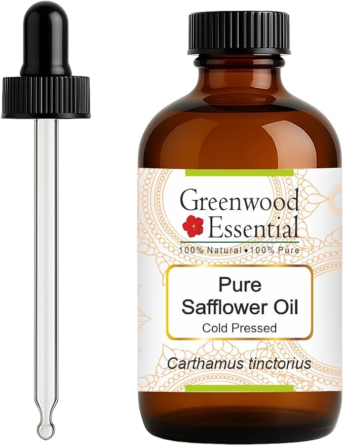 Greenwood Essential Safflower Oil (Carthamus tinctorius) with Glass Dropper | Cold Pressed | Natural | Undiluted | For Diluting Essential Oils | For Skin & Massage | Men & Women | 120ml (4 oz)