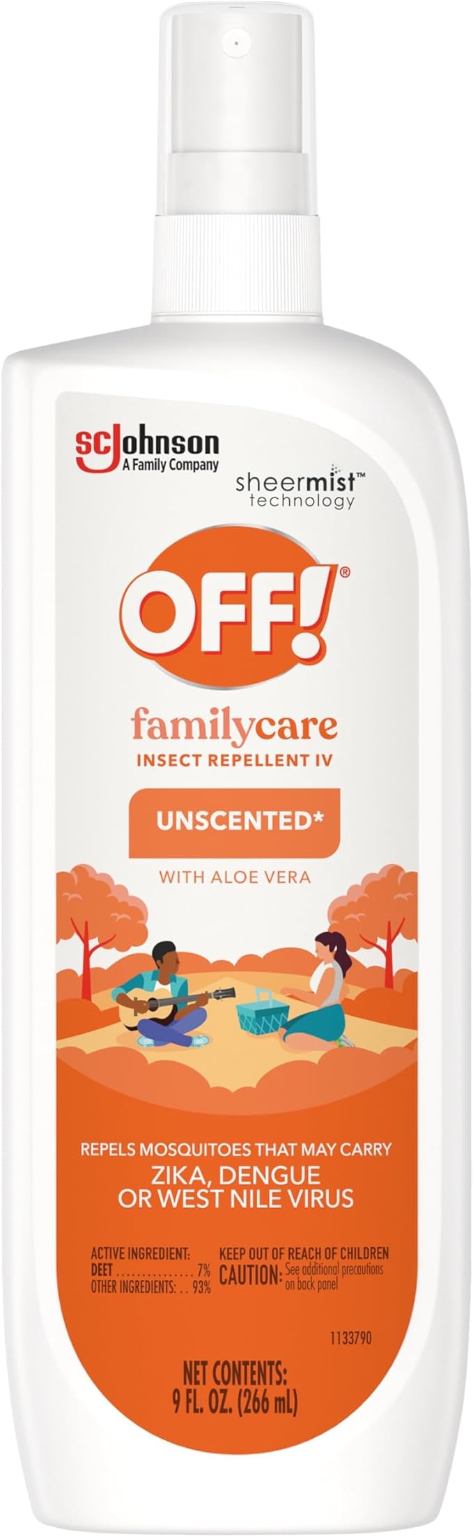 OFF! Family Care Mosquito & Tick Repellent Spritz, Bug Spray Containing 7% DEET, Unscented with Aloe Vera, 9 Oz