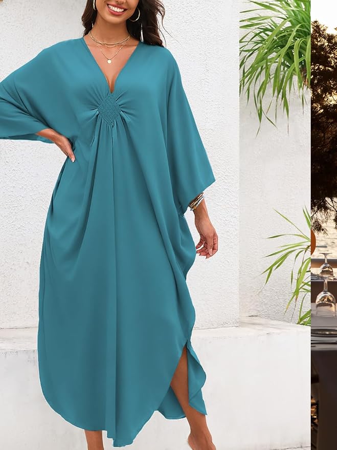 ChiaoLezhee Print Moo-Moos for Women, Kaftan Cover-Up Dresses, Sexy V-Neck High-Slit, Beach Pool-Party Coverups Muumuu Plus