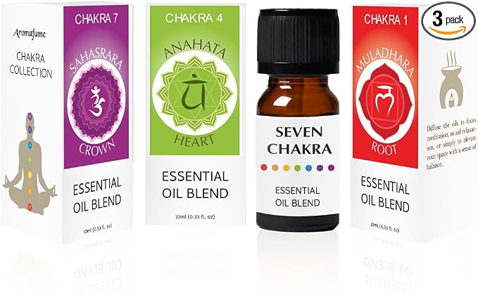 Crown Chakra, Heart Chakra, Root Chakra Essential Oil Diffuser Blends by Aromafume | 3 x 10ml/0.33 fl oz| Aromatherapy Oils for Chakra Balance | Chakra Incense for Meditation, Yoga, Reiki
