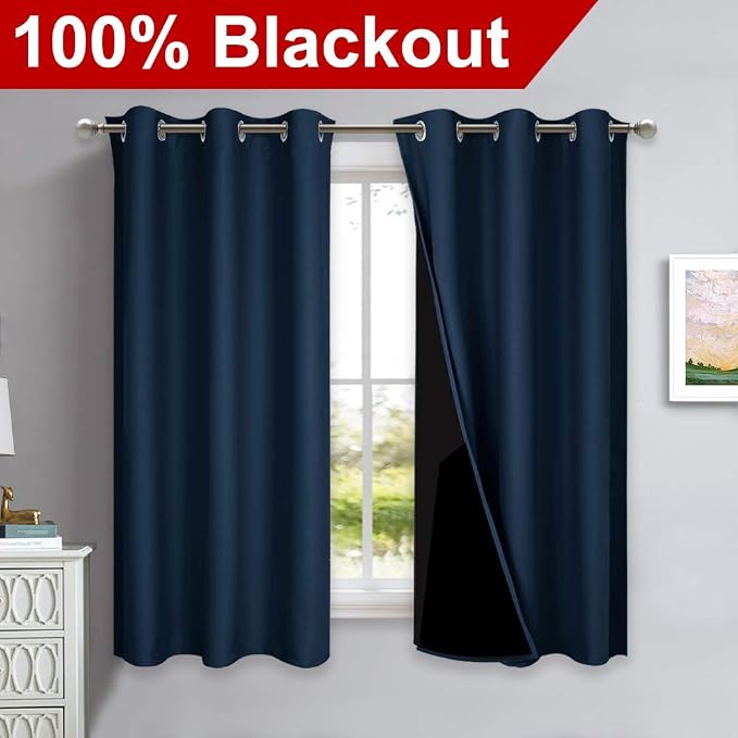 NICETOWN 100% Blackout Short Curtain Panels, Thermal Insulated Black Liner Curtains for Nursery Room, Noise Reducing and Cold Blocking Drapes for Windows (Set of 2, Navy Blue, 37" Wide by 63" Long)