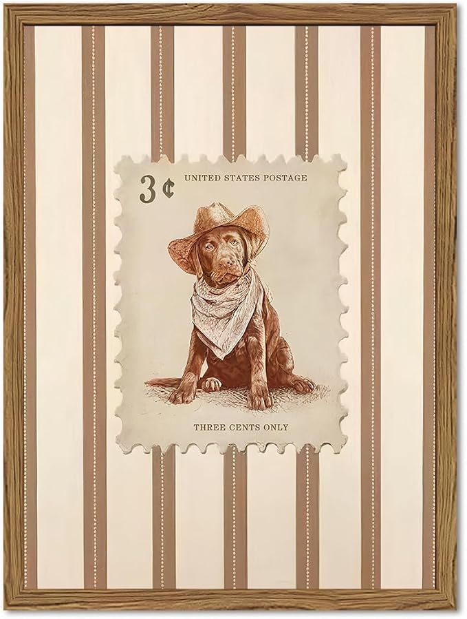 Western Cowboy Dog Wall Art, Vintage Striped Animal Southwestern Wall Decor Pictures Retro Southwest Cowboy Poster Painting Canvas Print for Living Room Bedroom 16x24 Inch Wood Framed