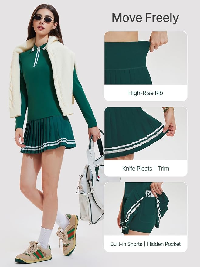 Women's 2-Piece Tennis Skirt Set, Polo V-Neck Top & High-Waisted Pleated Skirt, Athletic Outfit for Golf Pickleball