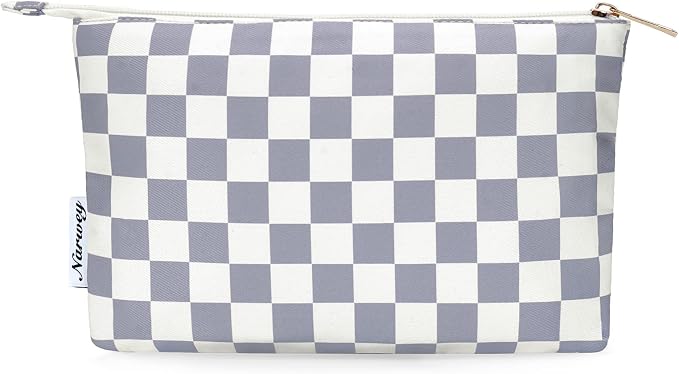 Narwey Small Checkered Makeup Bag for Purse Small Cosmetic Bag Women Travel Makeup Pouch Zipper Pouch (Grayish Blue Checkerboard)
